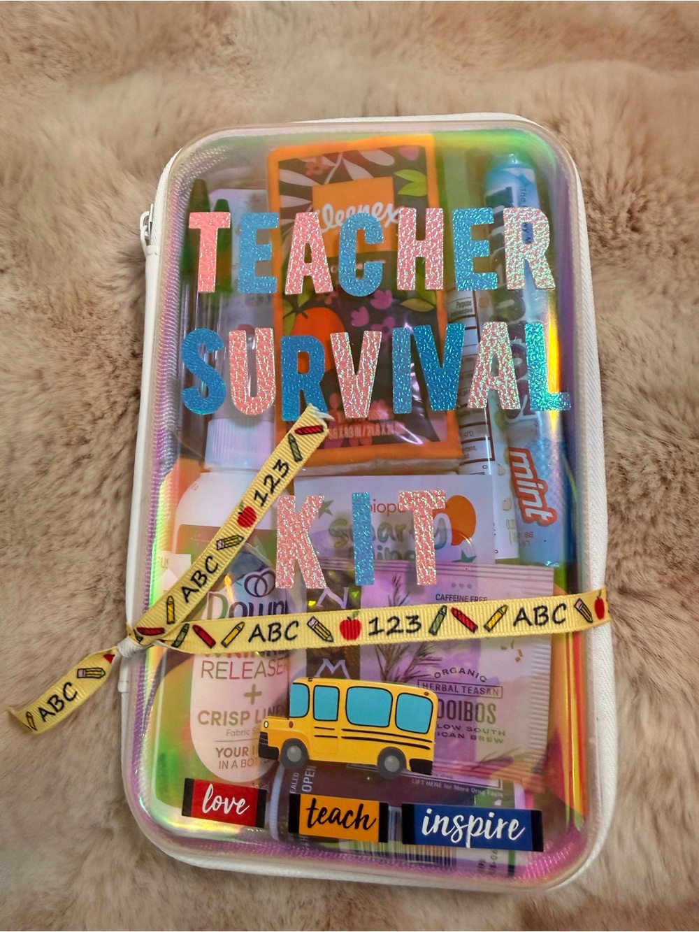 Holographic Teacher Survival Kit Pouch in Pink and Blue